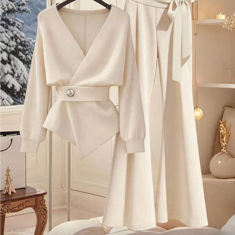 SHEIN Cream Wide Leg Pants & Wrap Top Set